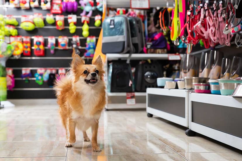 Perro feliz con productos de la tienda
