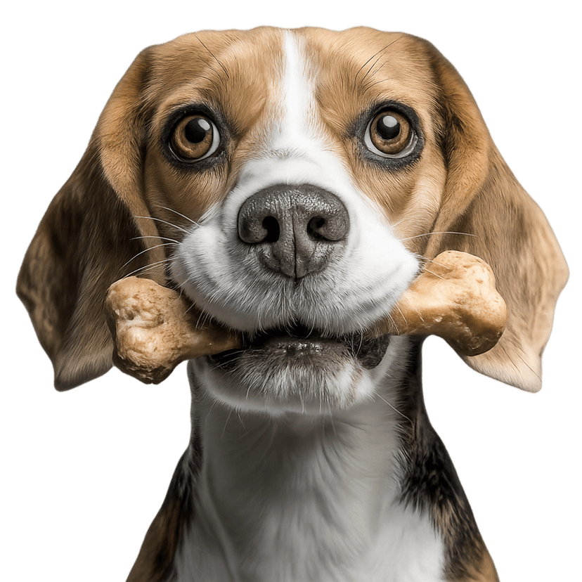 Cachorro feliz con productos de la tienda